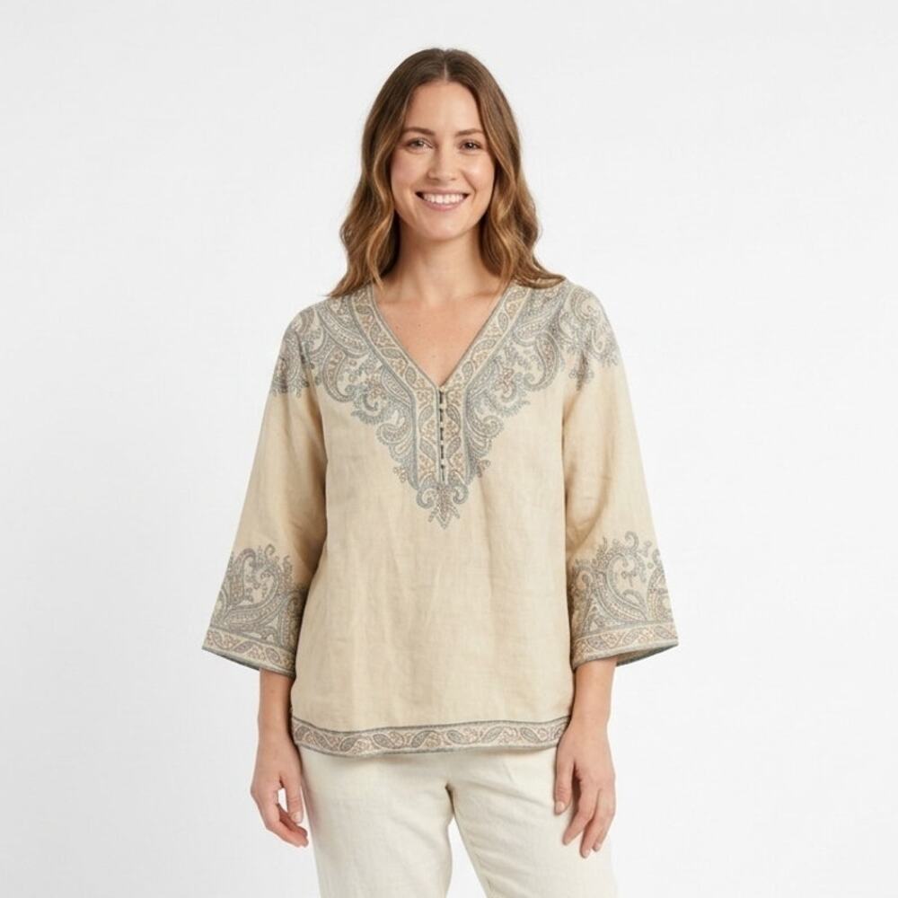 J. Jill Love Linen Tunic Blouse Top Womens XL Beige Green Paisley V-Neck Classic